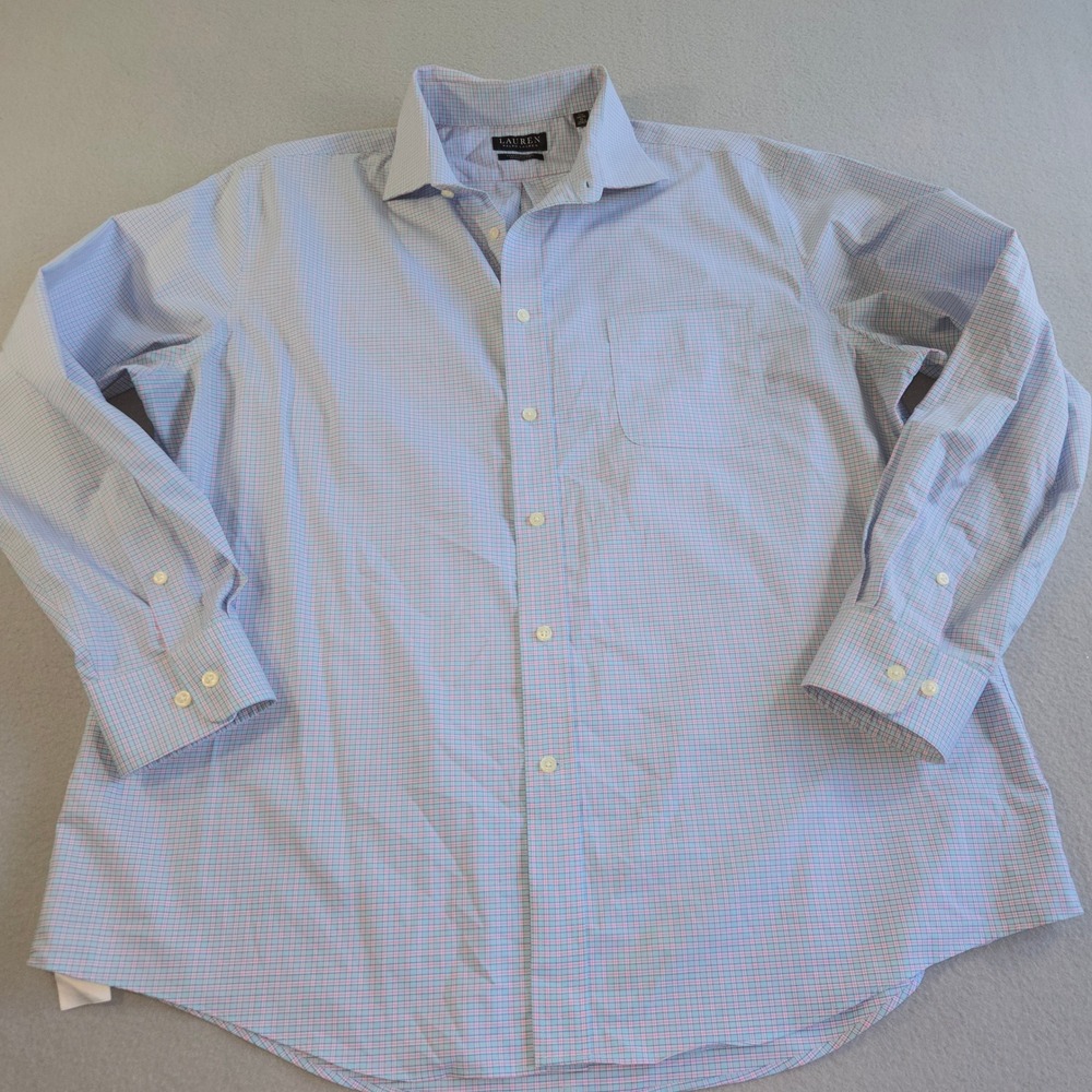Lauren Ralph Lauren Dress Shirt Mens XL Blue Pink Plaid Stretch Regular Fit